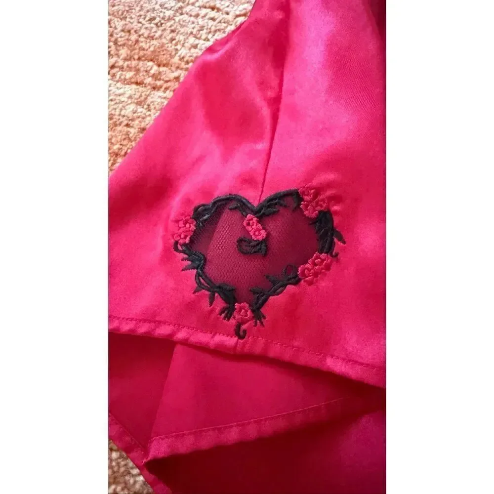 Red Satin Sleep Shorts Heart Embroidery Lingerie Size S